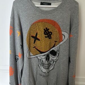 Vintage Gray Sweatshirt with Skull and Planet Design avenue george v